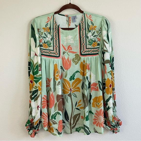 Blnk London Botanical Sage Balloon Sleeves Miranda Peasant Blouse Size Small - Picture 4 of 16